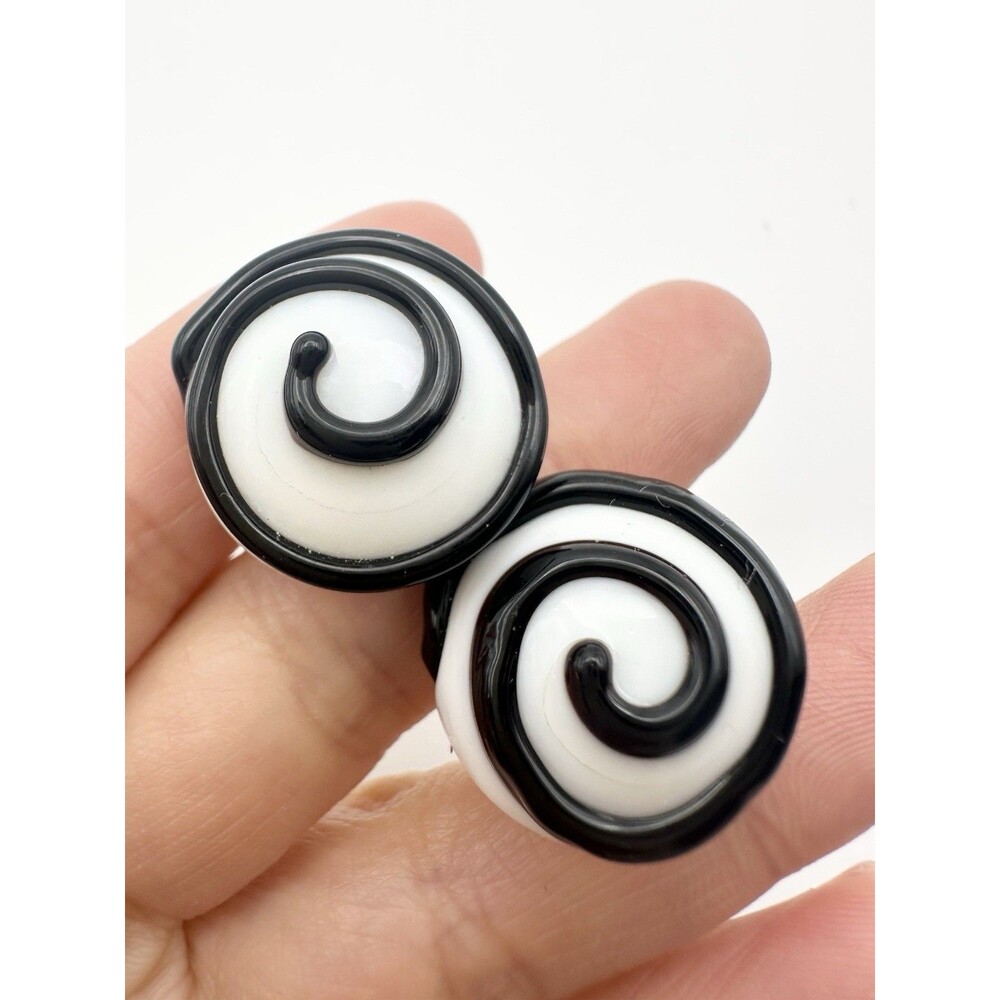 Signed Miriam Haskell Art Glass Spiral Screw Back Earrings ~ Black White